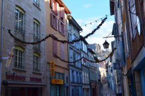 Charming colourful narrow streets decorated for Christmas